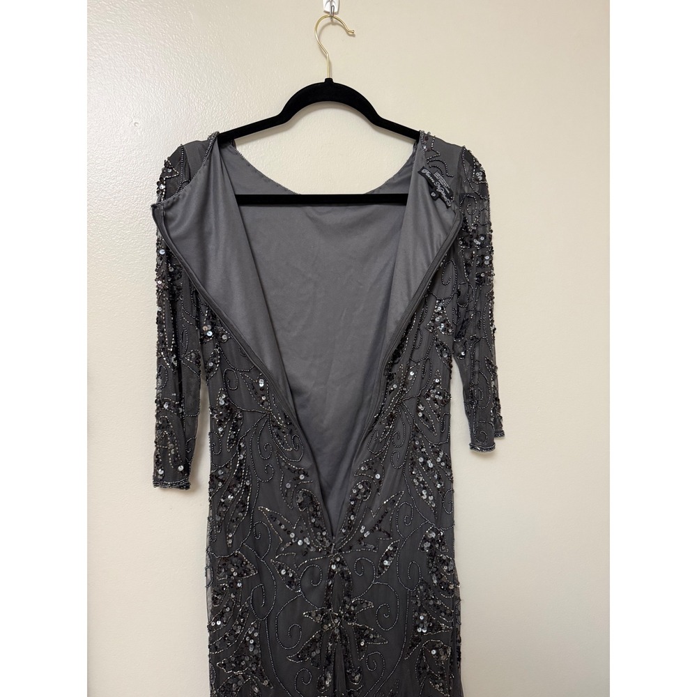 Pisarro Nights Gray Beaded Sequin Gown 3/4 Sleeve Formal Maxi Dress - Picture 10 of 14